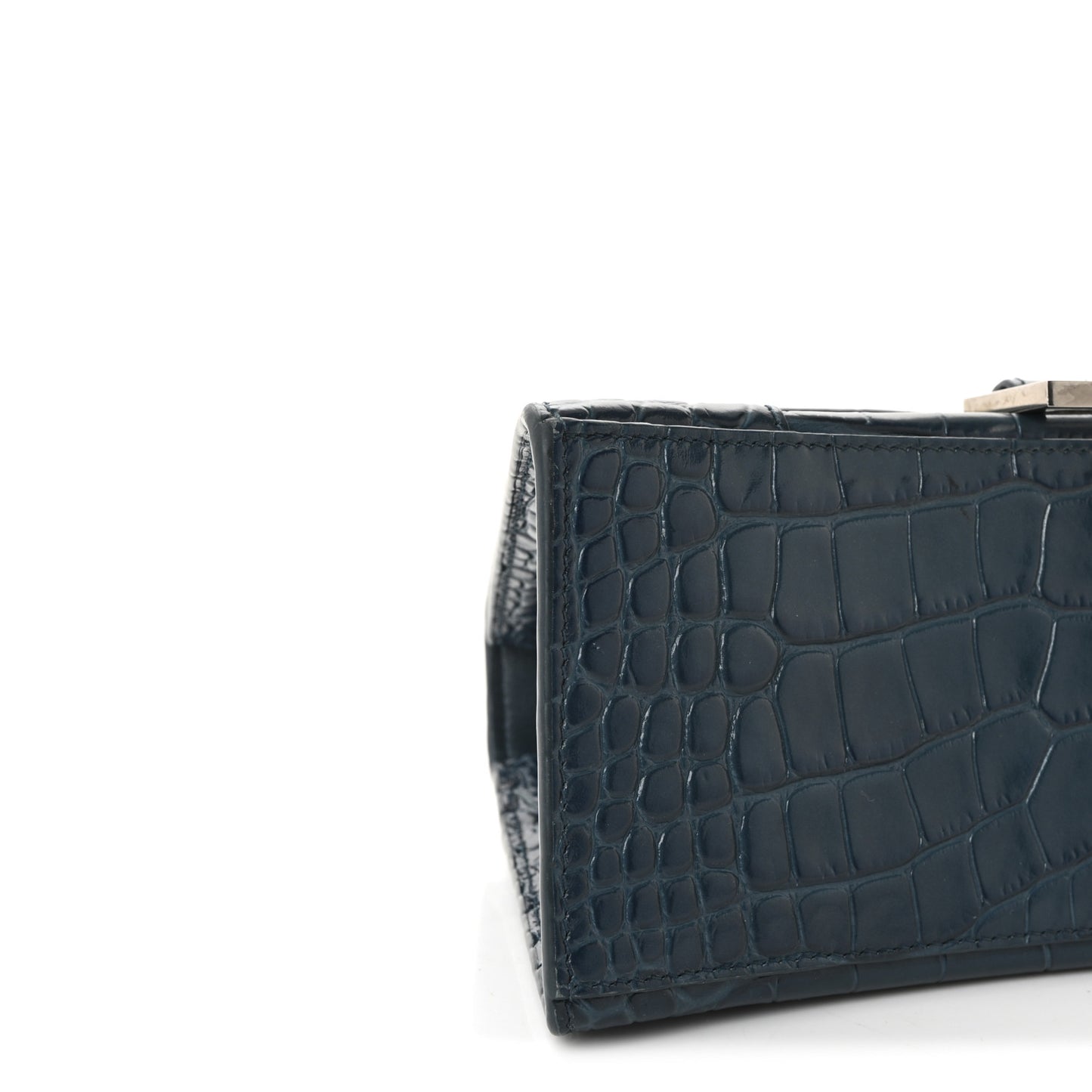 Shiny Calfskin Crocodile Embossed Small Hourglass Top Handle Bag Dark Petrol Blue