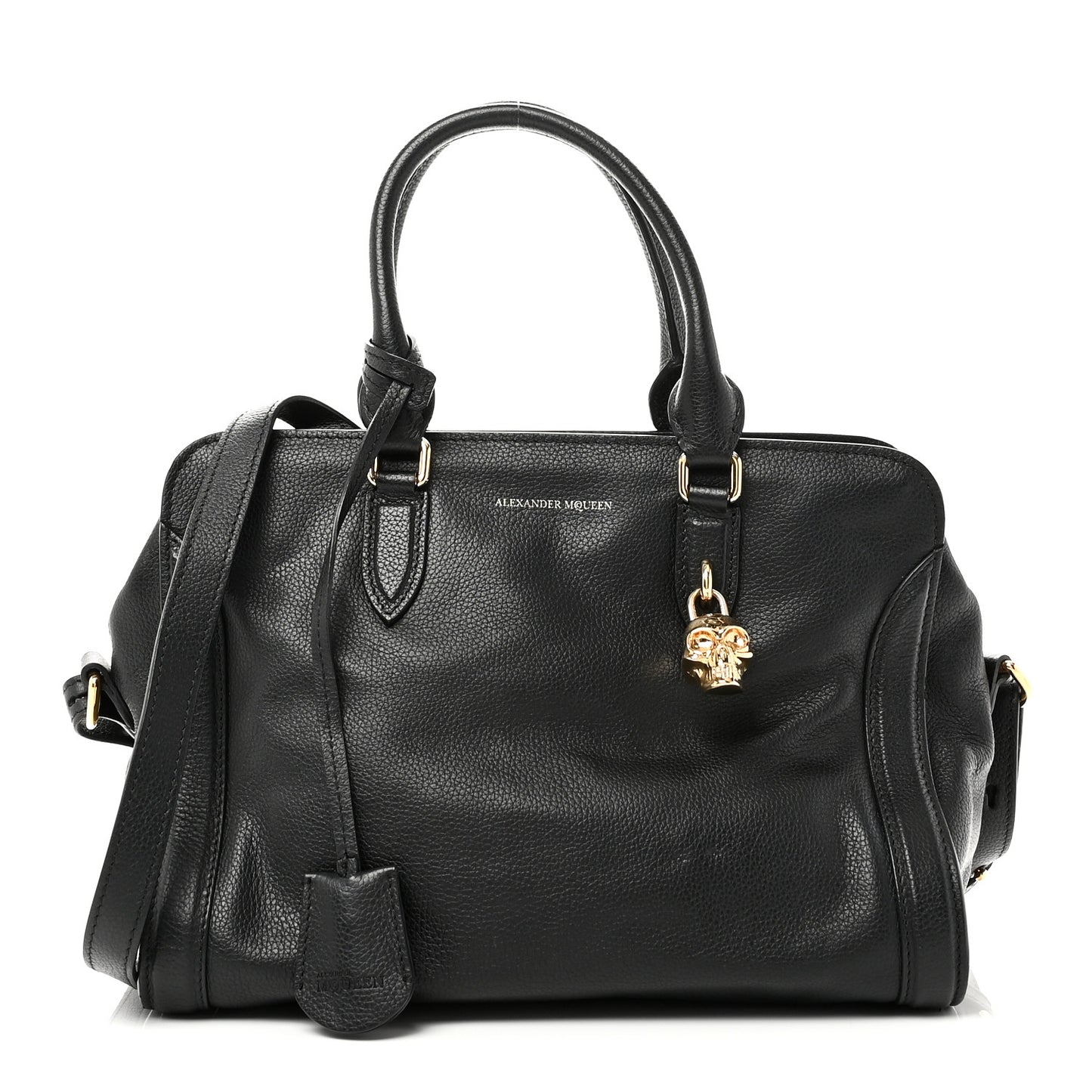 Pebbled Calfskin Small Skull Padlock Zip Around Tote Black