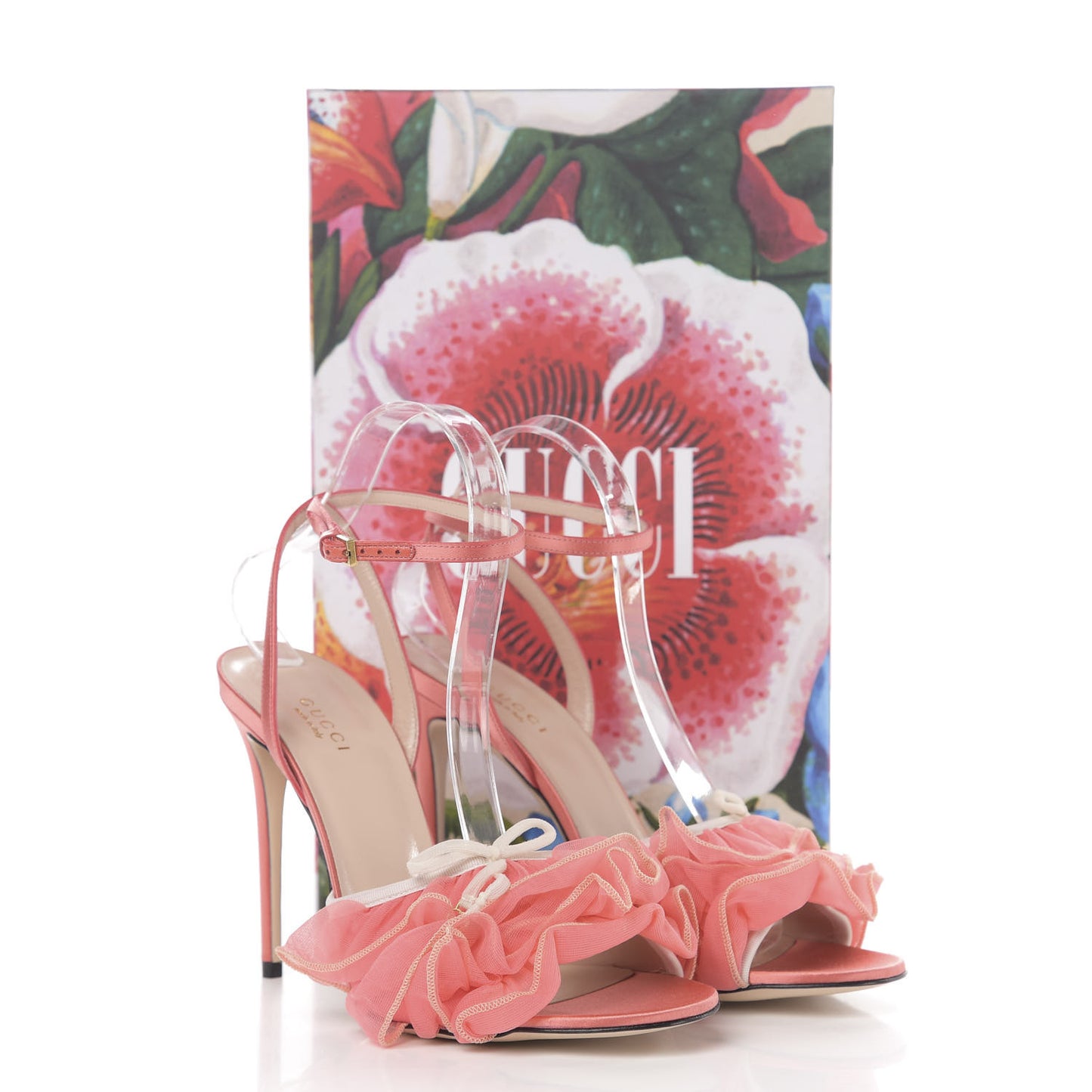 Tulle Ruffle High Heel Slingback Sandals 38.5 Peach White