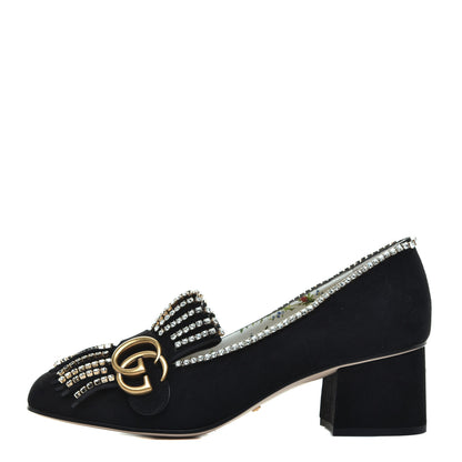 Gucci Kid Scamosciato Crystal GG Marmont Fringe 50mm Loafer Pumps 37 Black 1 of 9