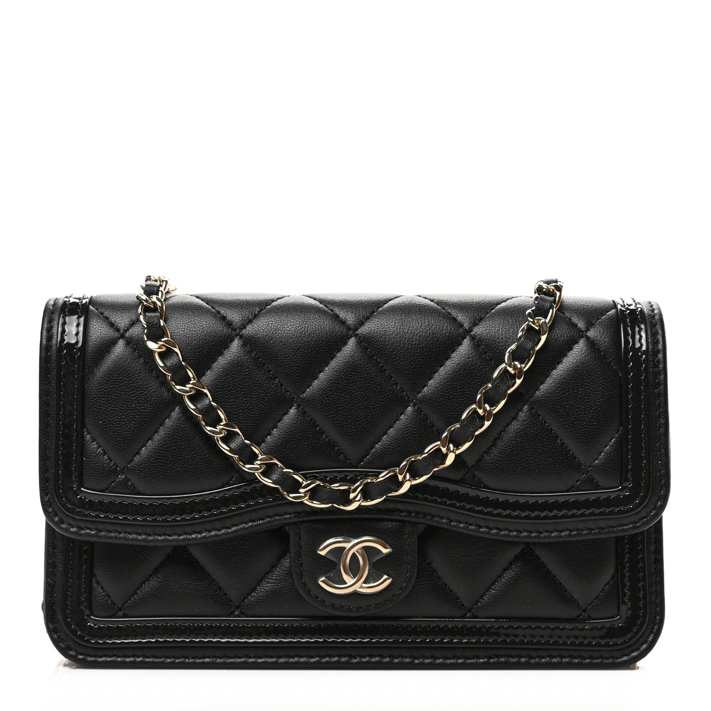 Lambskin Patent Calfskin Quilted Flap Phone Holder With Chain Black