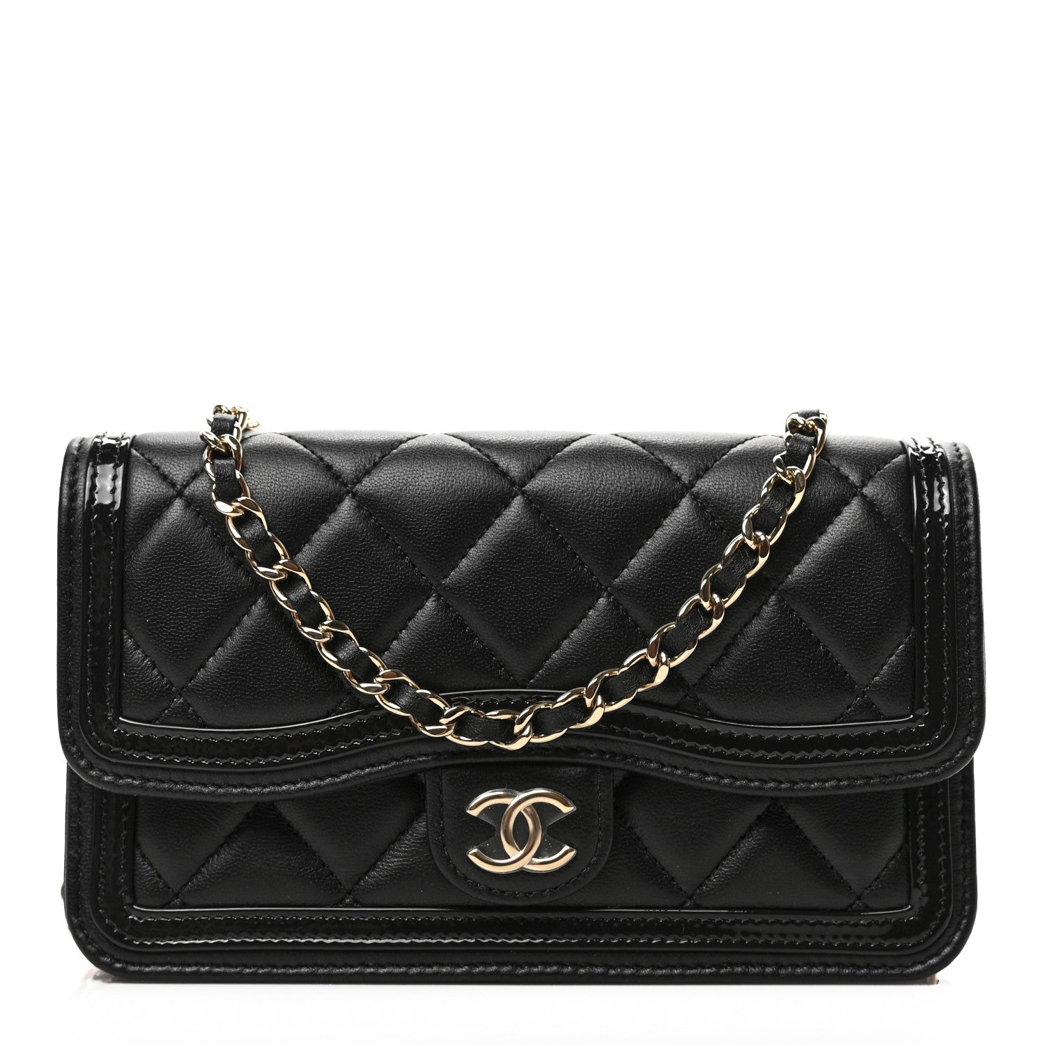 Chanel Lambskin Patent Calfskin Quilted Flap Phone Holder With Chain Black 1 of 9