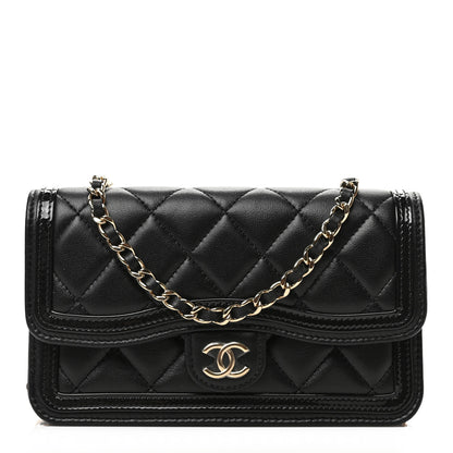 Chanel Lambskin Patent Calfskin Quilted Flap Phone Holder With Chain Black 1 of 9