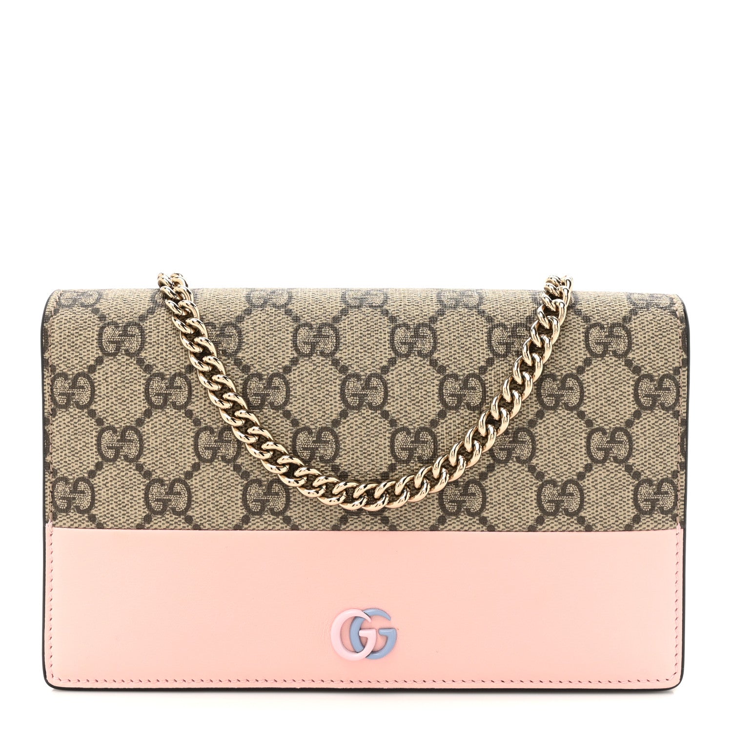 Gucci GG Supreme Monogram Textured Dollar Calfskin Mini GG Marmont Chain Wallet Light Pink Blue Beige 1 of 13
