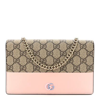 Gucci GG Supreme Monogram Textured Dollar Calfskin Mini GG Marmont Chain Wallet Light Pink Blue Beige 1 of 13