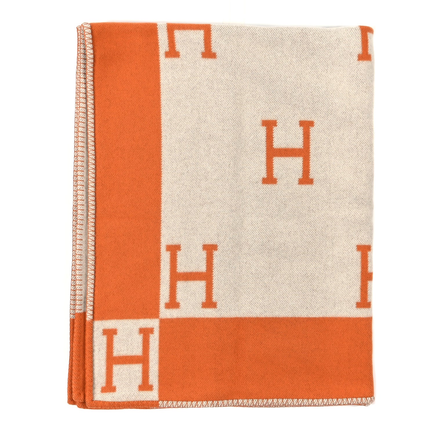 Hermes Wool Cashmere Signature Classic Avalon Blanket Ecru Potiron 2 of 4