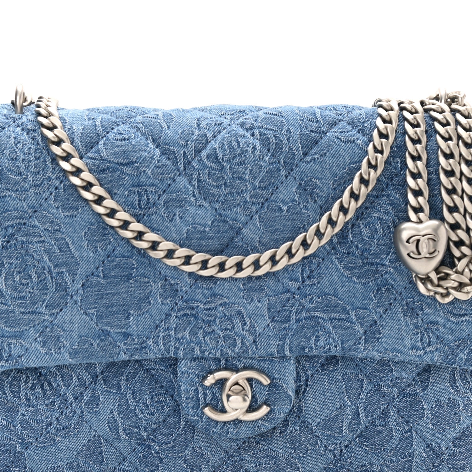 Chanel Denim Quilted Medium Camellia Sweetheart Flap Blue 7 of 10