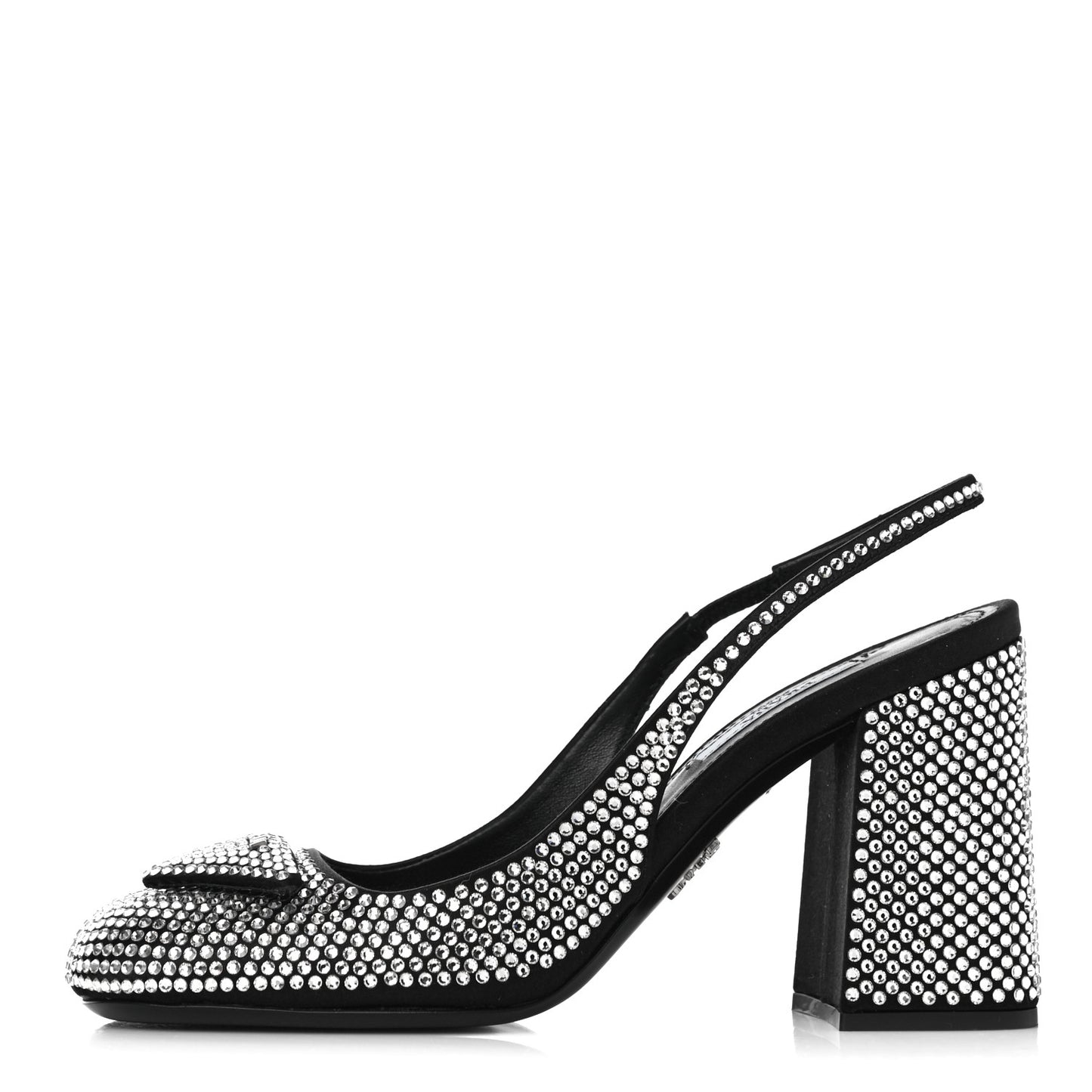 Satin Crystal Logo Block Heel 75mm Slingback Pumps 37 Cristal