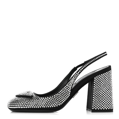 Prada Satin Crystal Logo Block Heel 75mm Slingback Pumps 37 Cristal 1 of 13