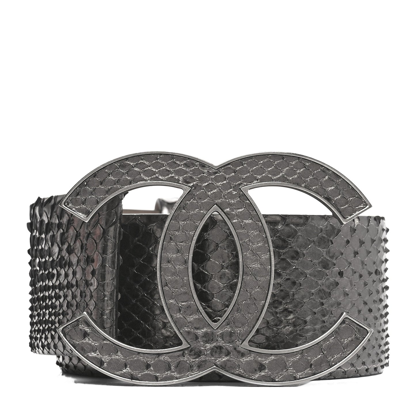 Metallic Snakeskin CC Logo Belt 80 32 Dark Silver