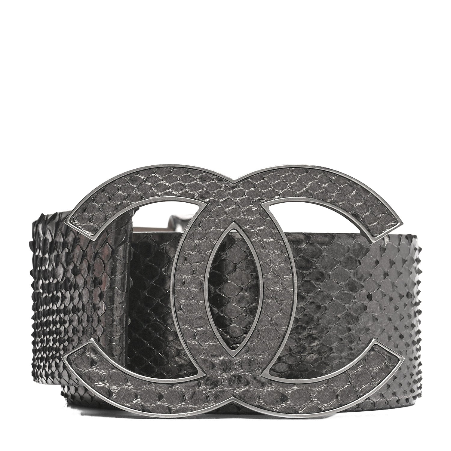 Chanel Metallic Snakeskin CC Logo Belt 80 32 Dark Silver 1 of 7