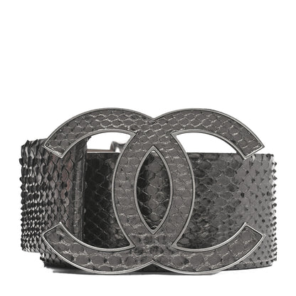 Chanel Metallic Snakeskin CC Logo Belt 80 32 Dark Silver 1 of 7