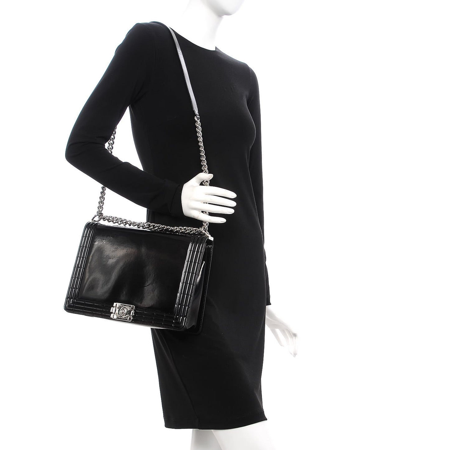 Glazed Calfskin Large Boy Flap Black