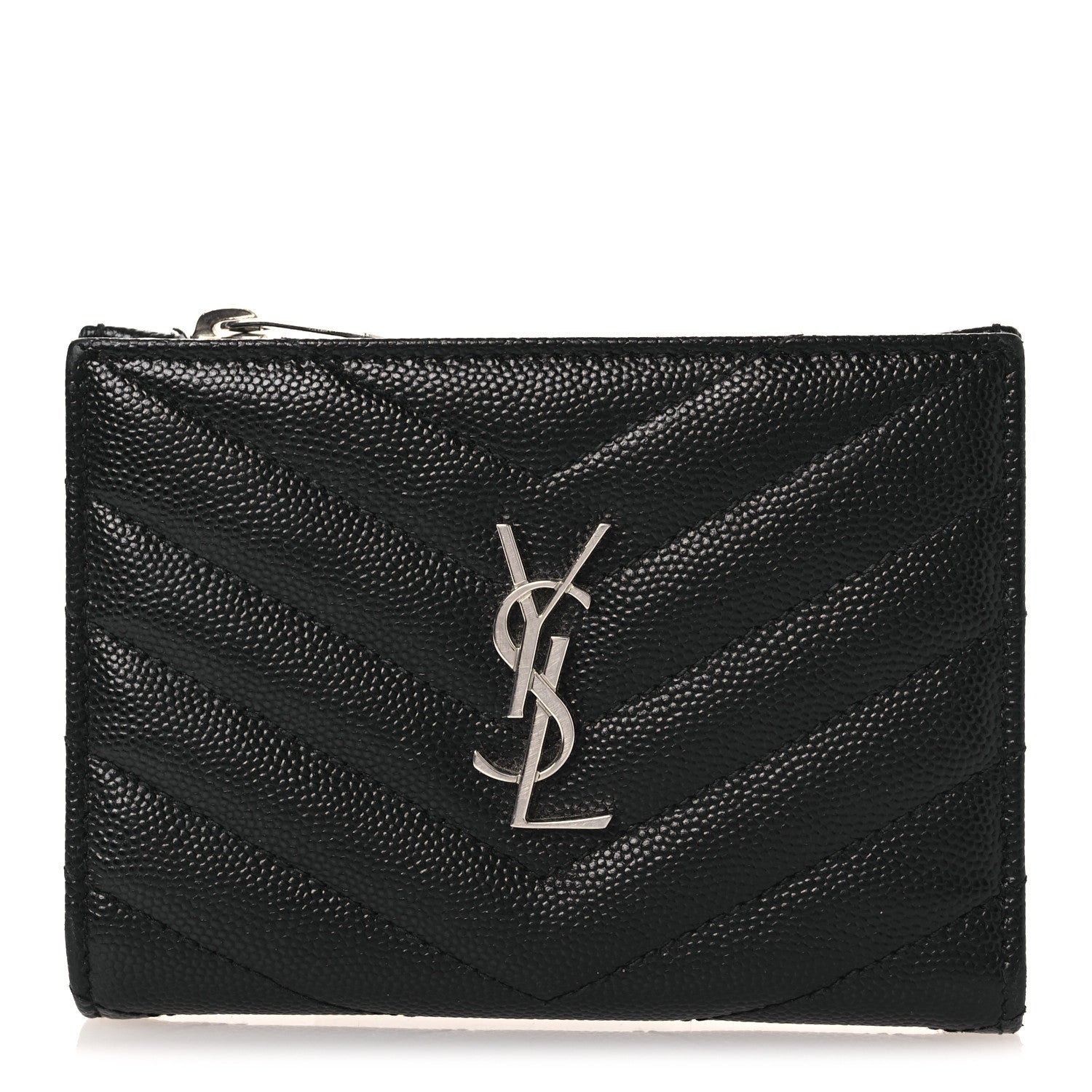 Saint Laurent Grain De Poudre Matelasse Chevron Monogram Zipped Two-Part Wallet Black 1 of 10