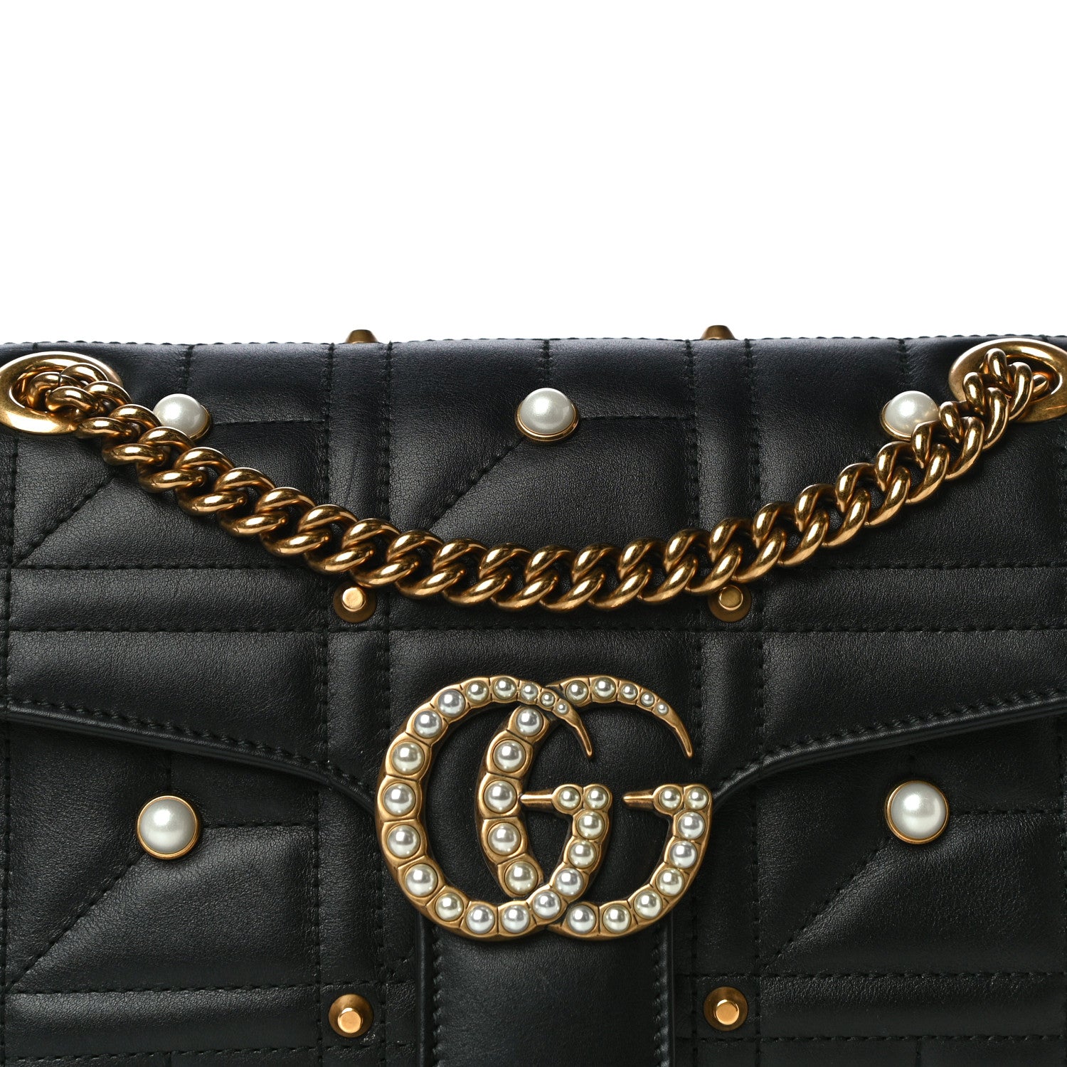 Gucci Calfskin Matelasse Studded Small Pearly GG Marmont Shoulder Bag Black 9 of 13
