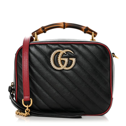 Gucci Vintage Effect Calfskin Matelasse Diagonal Small Torchon GG Marmont Bamboo Top Handle Shoulder Bag Black Romantic Cherry 1 of 10