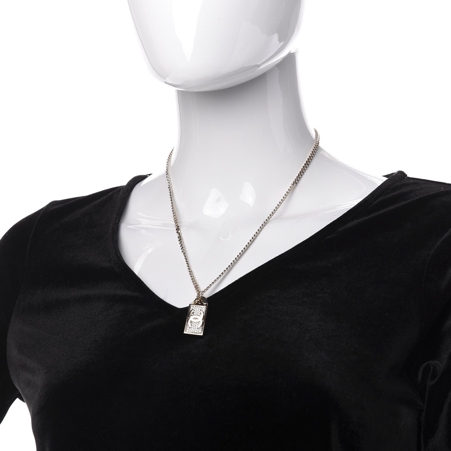 Chanel Crystal Dog Tag Charm Necklace Gold 3 of 7