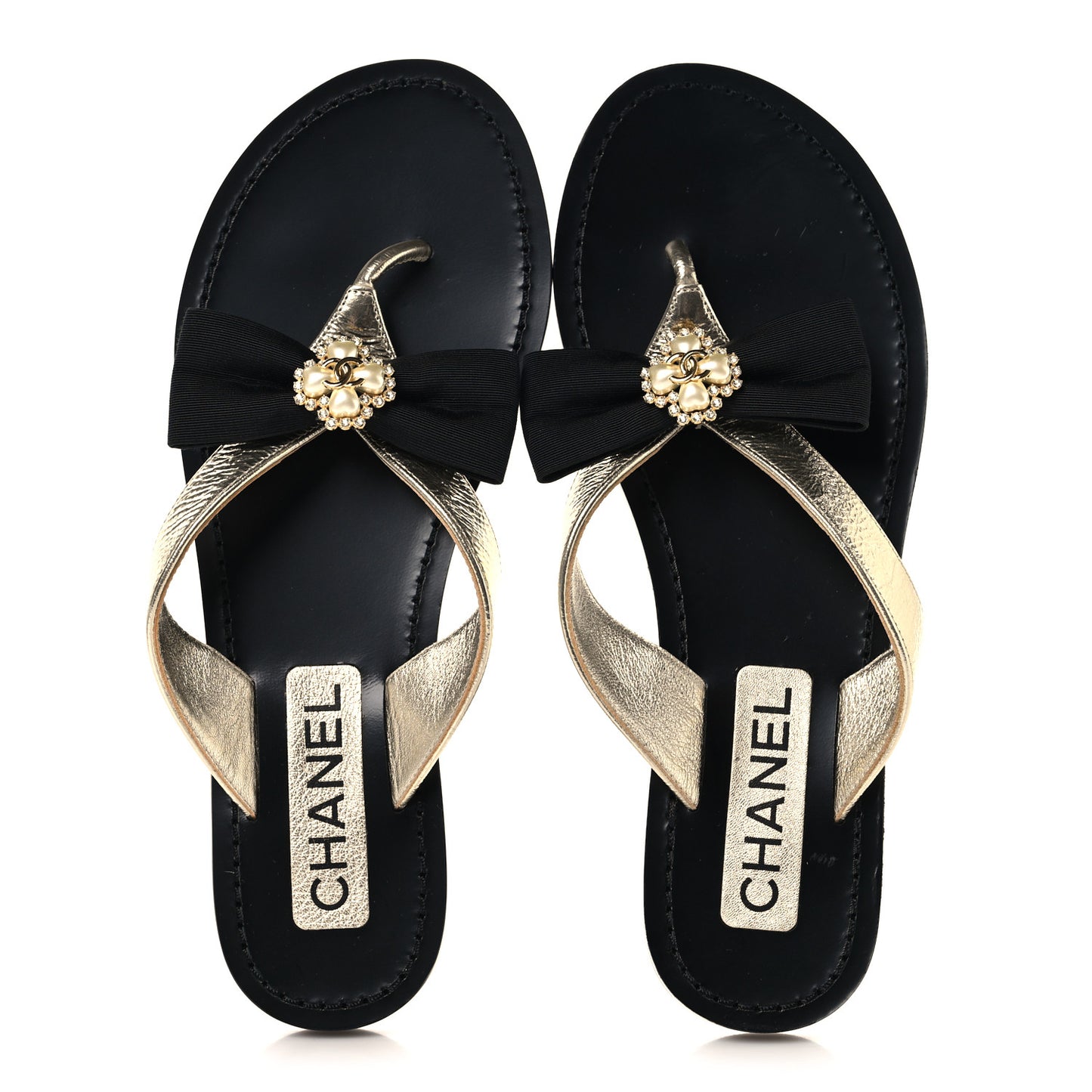 Metallic Laminated Goatskin Grosgrain Bow Pearl Thong Sandals 37 Gold
