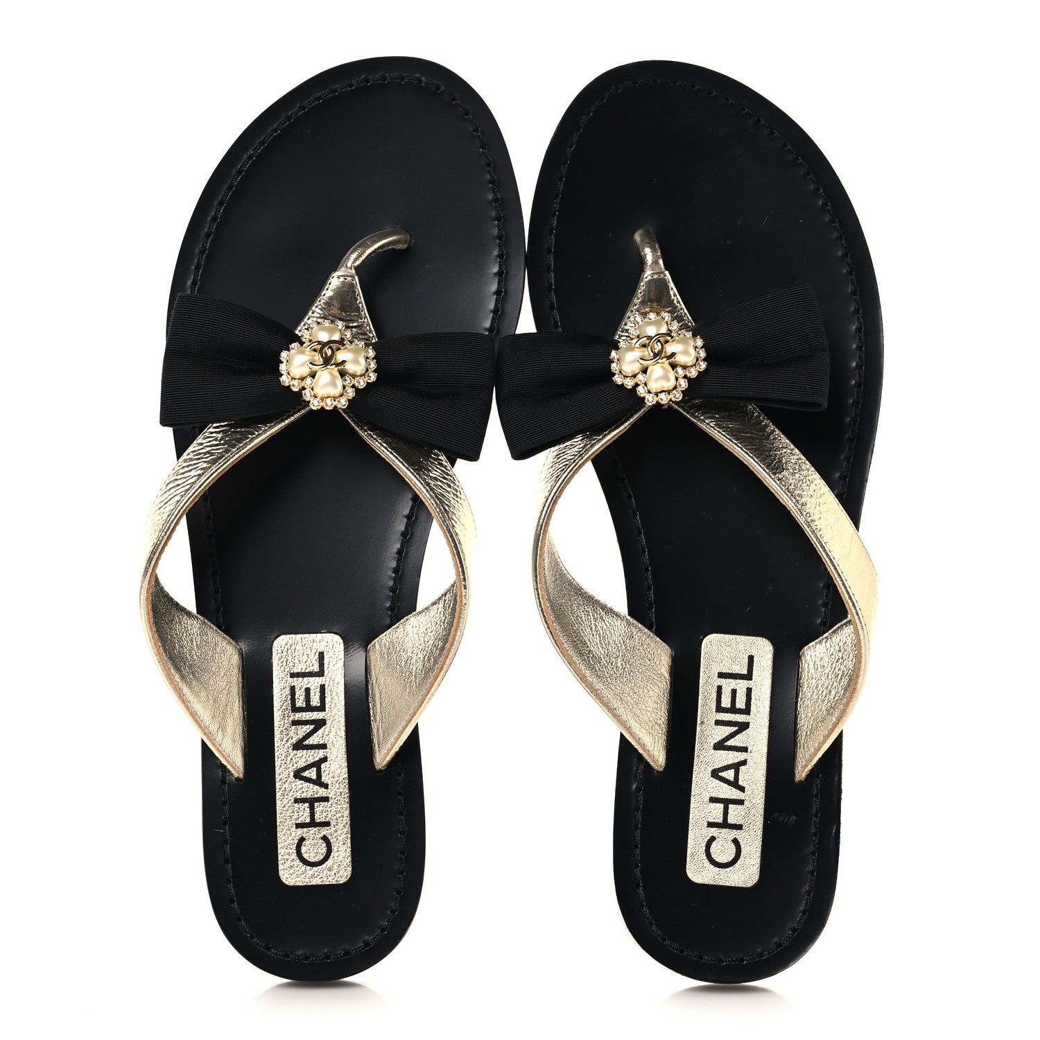 Chanel Metallic Laminated Goatskin Grosgrain Bow Pearl Thong Sandals 37 Gold 2 of 8