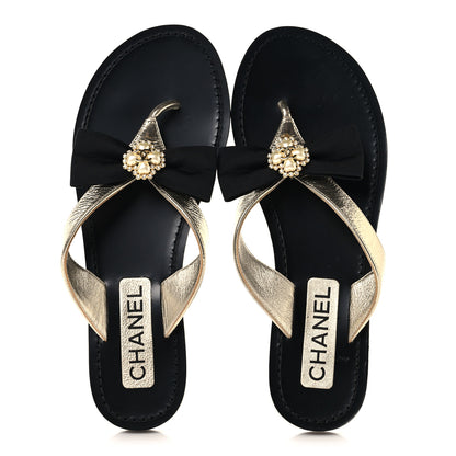 Chanel Metallic Laminated Goatskin Grosgrain Bow Pearl Thong Sandals 37 Gold 2 of 8
