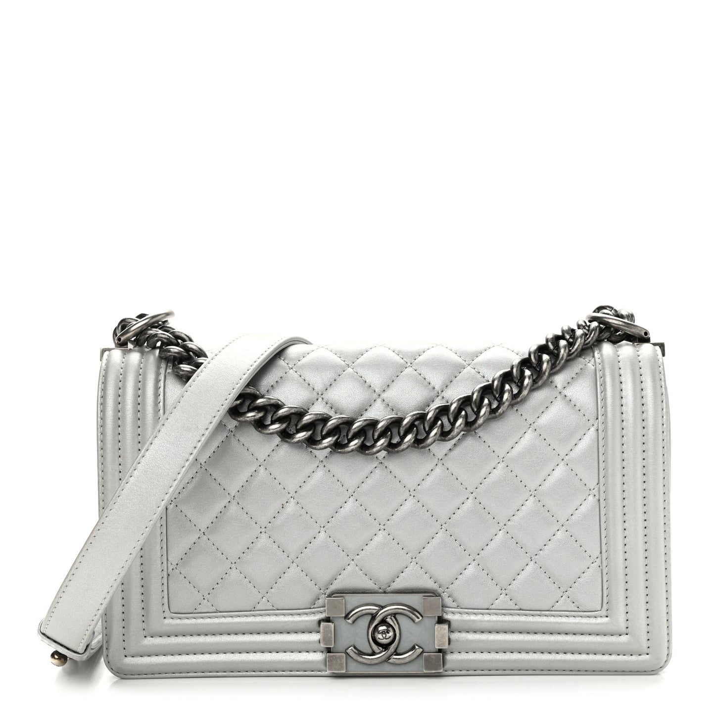 Metallic Calfskin Quilted Medium Boy Flap Silver
