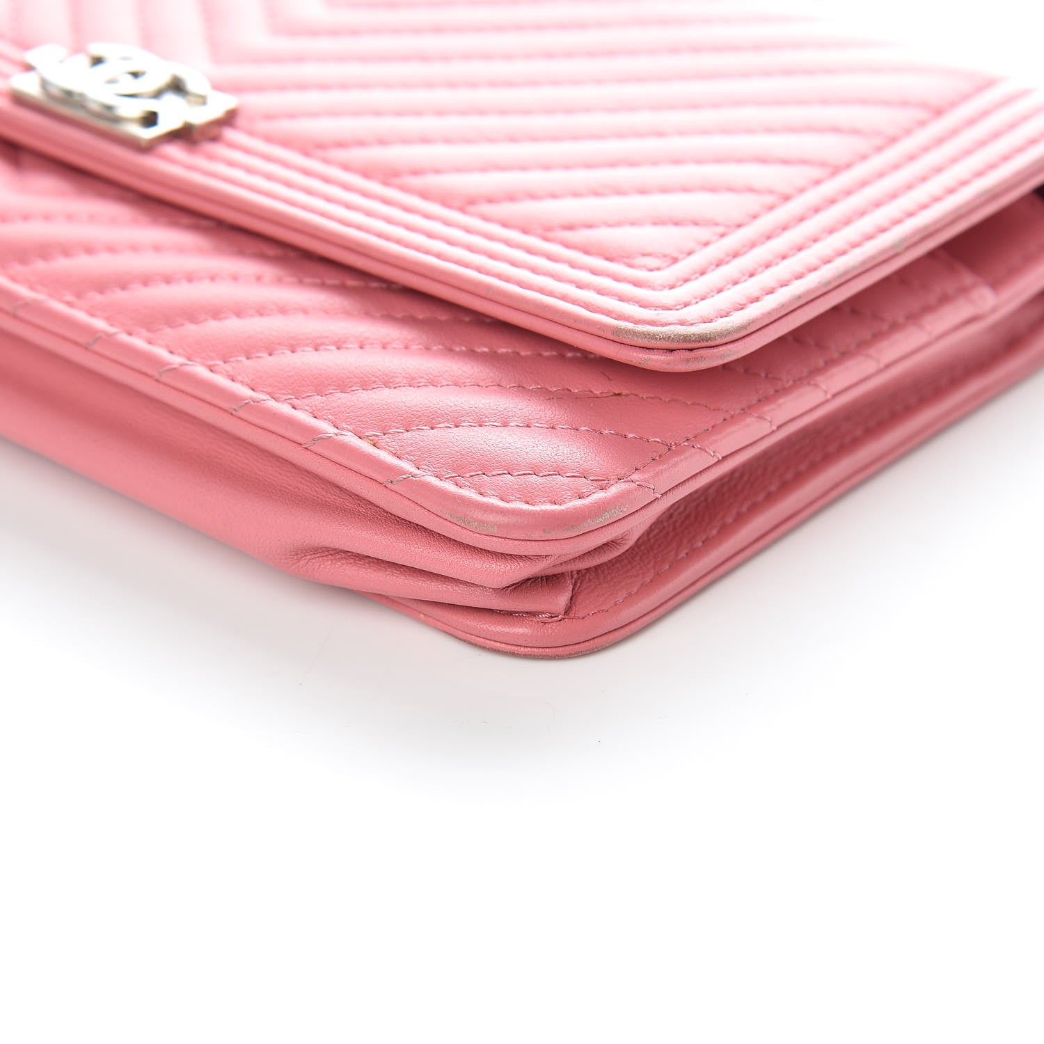 Chanel Calfskin Chevron Quilted Boy Wallet On Chain WOC Pink 13 of 13