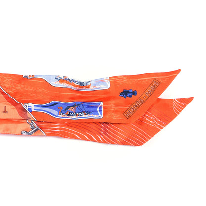 Hermes Silk Caleche Mors Et Bouteilles Twilly Vermilion Corail Bleu 2 of 4