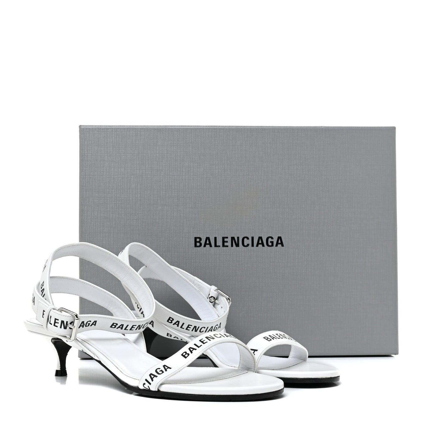 Smooth Calfskin Allover Logo Ankle Strap Kitten Heel Sandals 40.5 White Black
