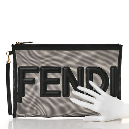 Fendi Mesh Vitello King Logo Embroidered Large Flat Pouch Black 2 of 8