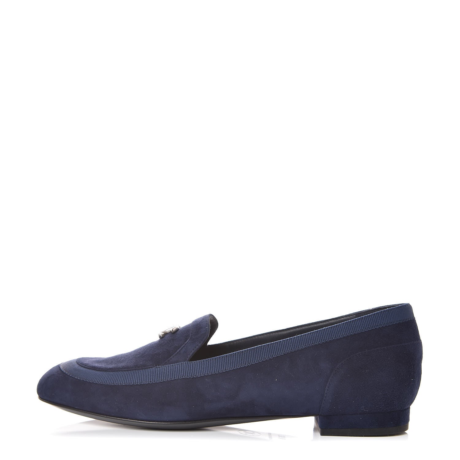 Chanel Kid Suede Grosgrain Moccasin Loafers 36.5 Navy 1 of 9