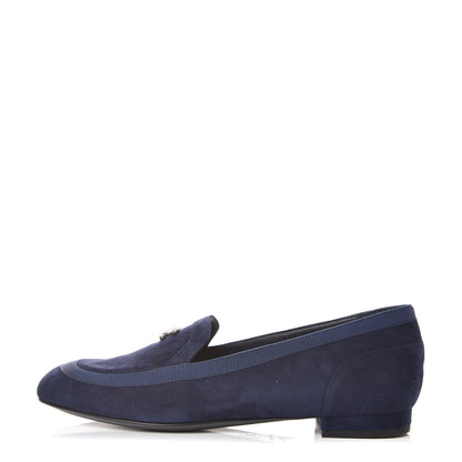 Chanel Kid Suede Grosgrain Moccasin Loafers 36.5 Navy 1 of 9