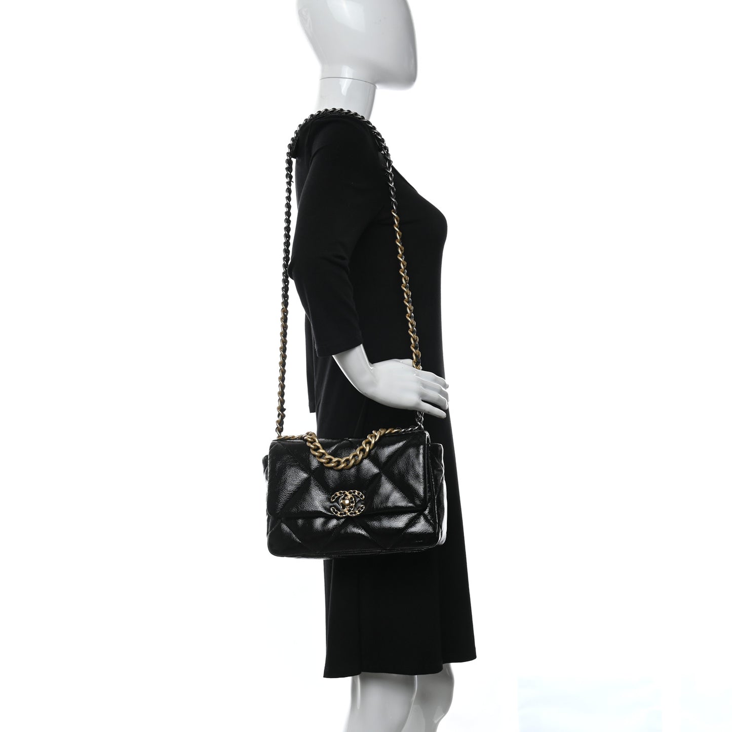 Shiny Crumpled Calfskin Quilted Medium Chanel 19 Flap Black