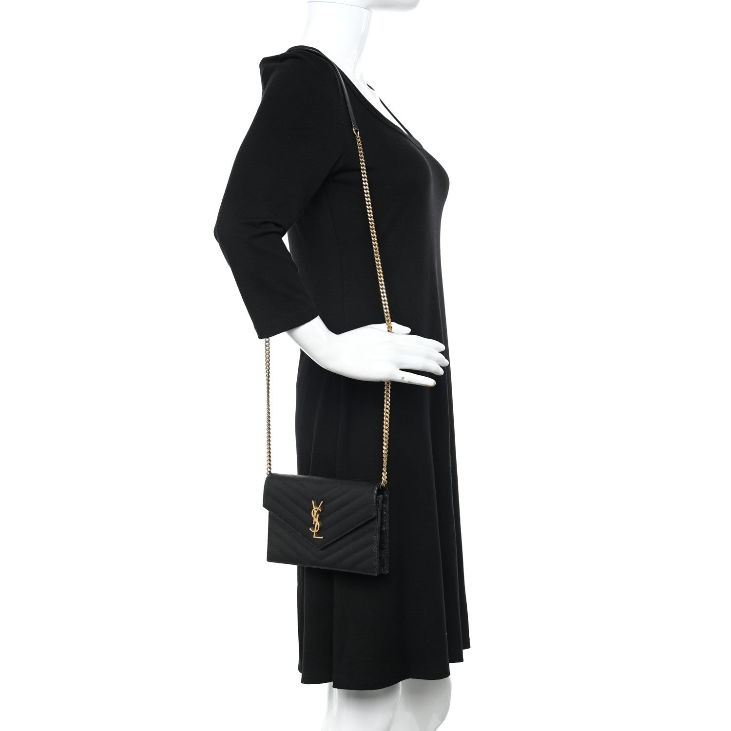 Saint Laurent Grain De Poudre Matelasse Chevron Monogram Envelope Chain Wallet Black 2 of 11