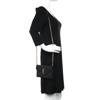Saint Laurent Grain De Poudre Matelasse Chevron Monogram Envelope Chain Wallet Black 2 of 11