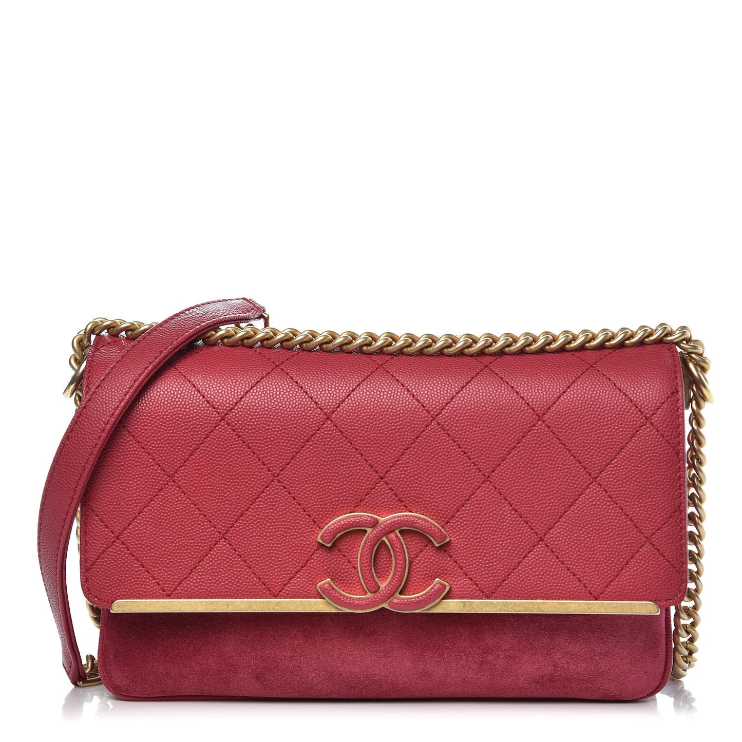 Grained Calfskin Stitched Small Enamel CC Flap Bag Pink