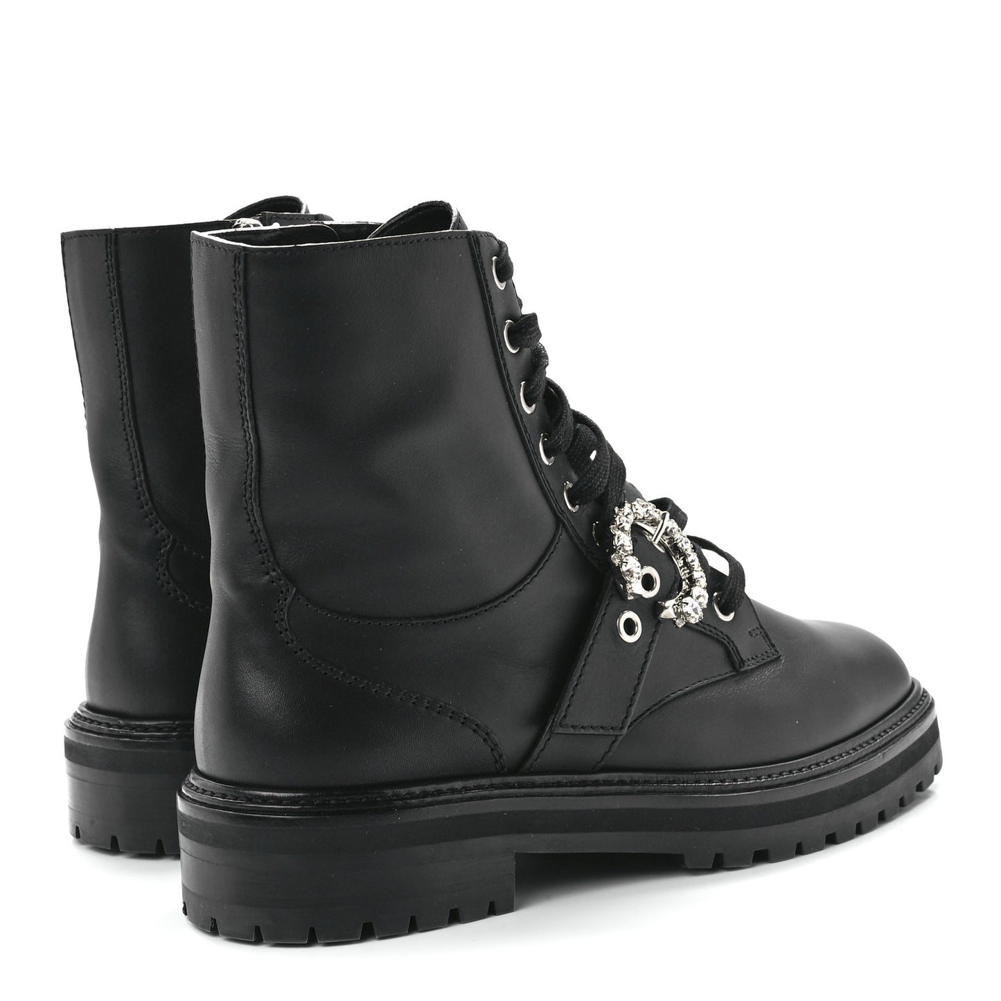 Calfskin Crystal Embellished Cora Flat Combat Boots Black 41