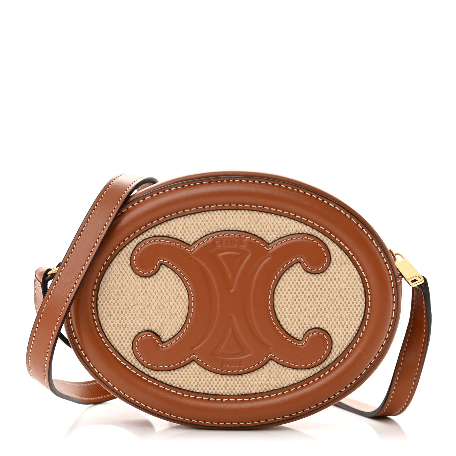 Celine Canvas Calfskin Cuir Small Triomphe Oval Crossbody Purse Natural Tan 1 of 12