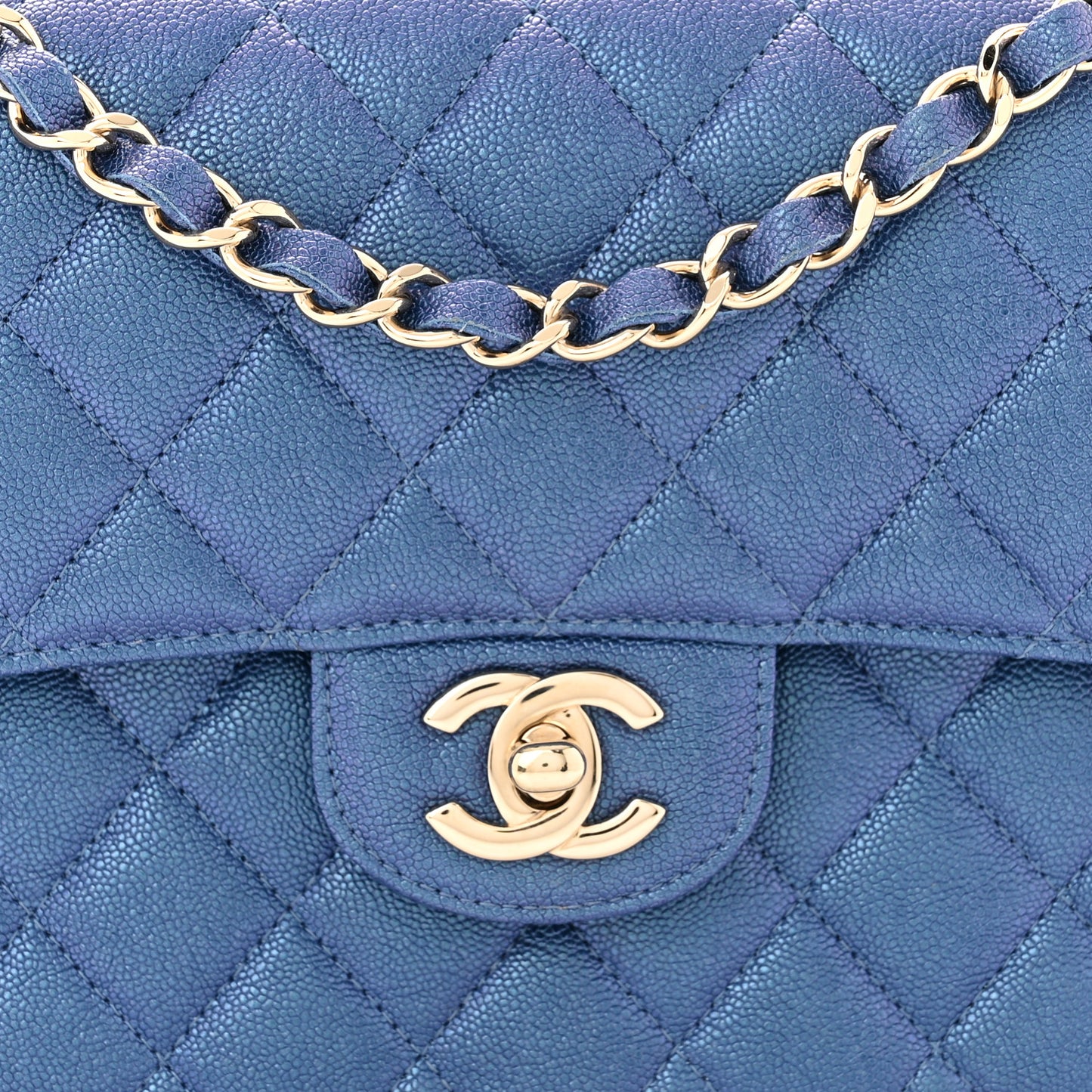 Iridescent Caviar Quilted Small Double Flap Dark Blue