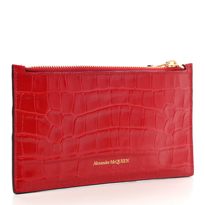 Alexander McQueen Calfskin Crocodile Embossed Skull Zip Wallet Card Holder Deep Red 3 of 8