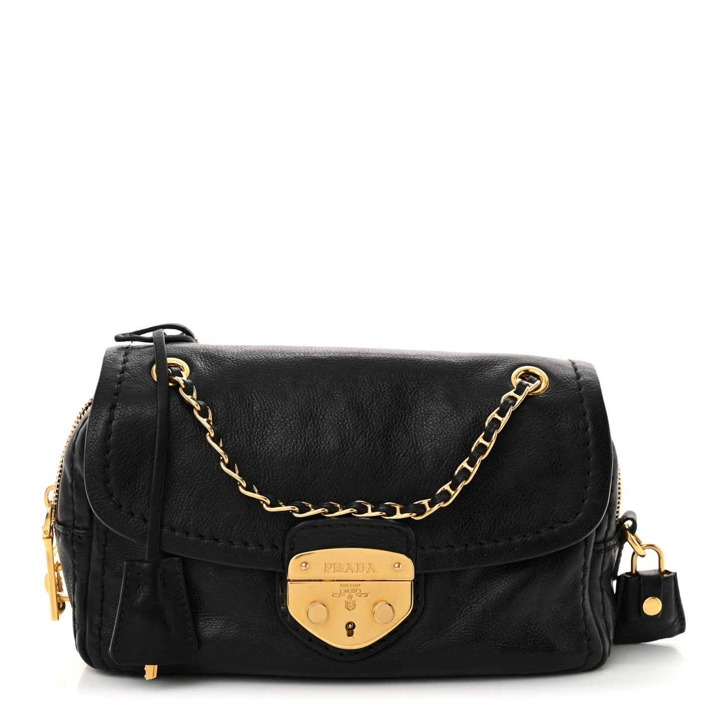 Glace Calf Pushlock Chain Shoulder Bag Black
