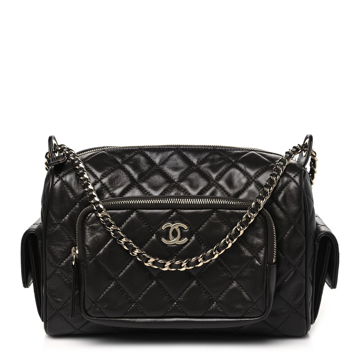 Shiny Crumpled Lambskin Quilted Medium Preppy Pocket Camera Case Dark Brown