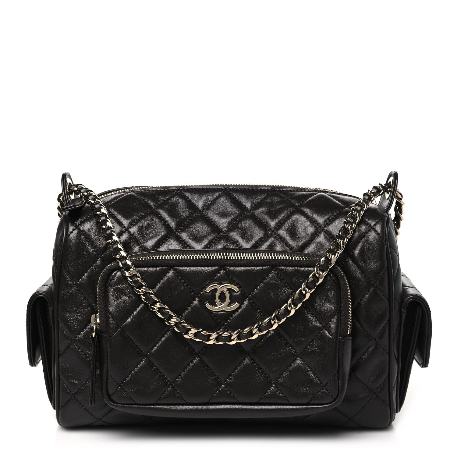 Chanel Shiny Crumpled Lambskin Quilted Medium Preppy Pocket Camera Case Dark Brown 1 of 11