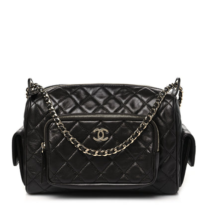 Chanel Shiny Crumpled Lambskin Quilted Medium Preppy Pocket Camera Case Dark Brown 1 of 11