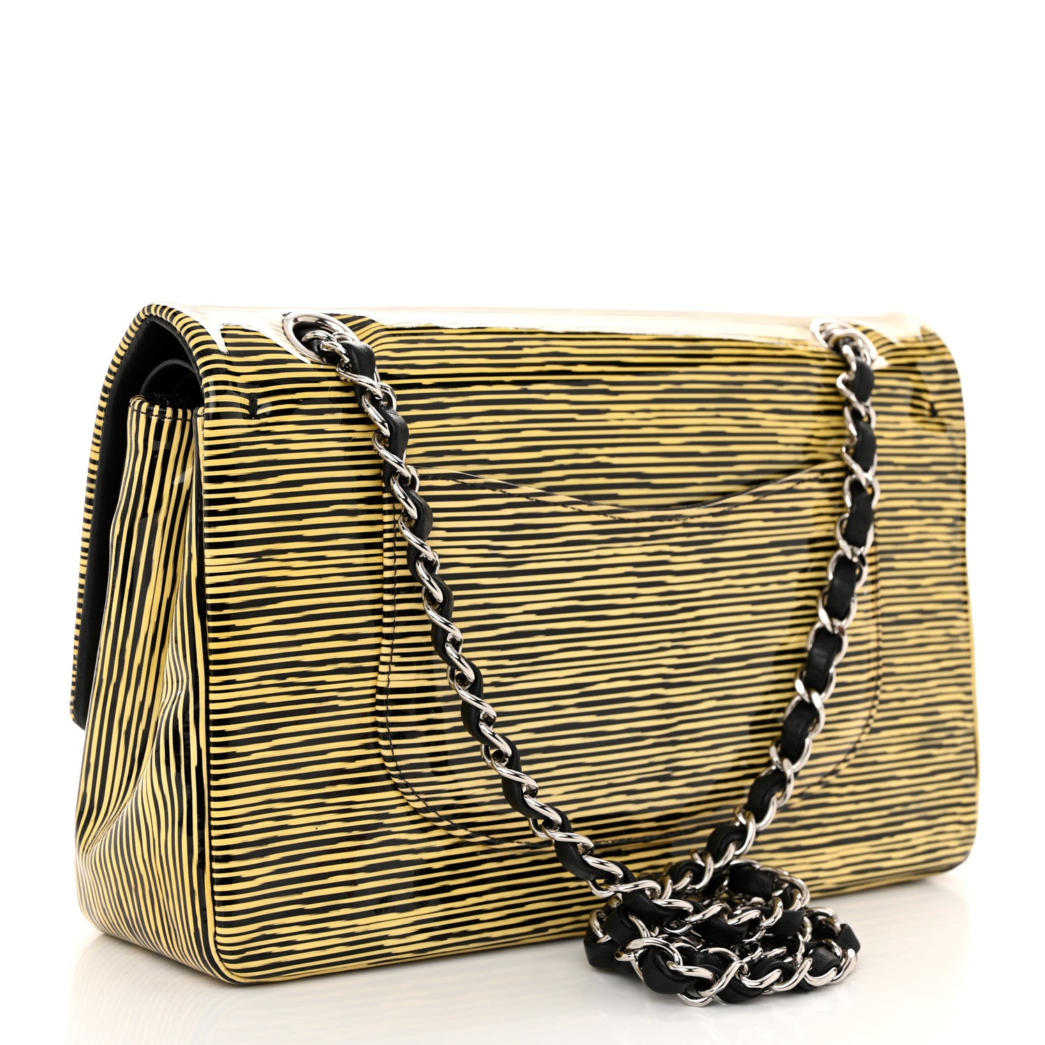 Chanel Patent Calfskin Striped Medium Double Flap Yellow Black 3 of 10