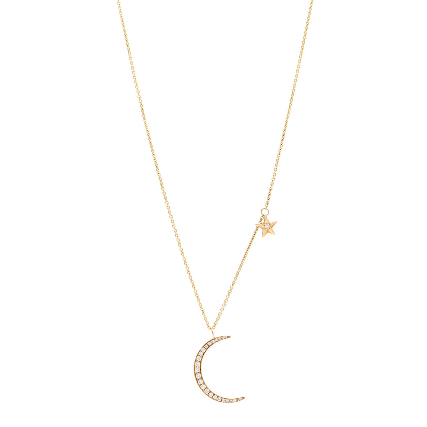 18K Yellow Gold Diamond Moon and Star Pendant Necklace