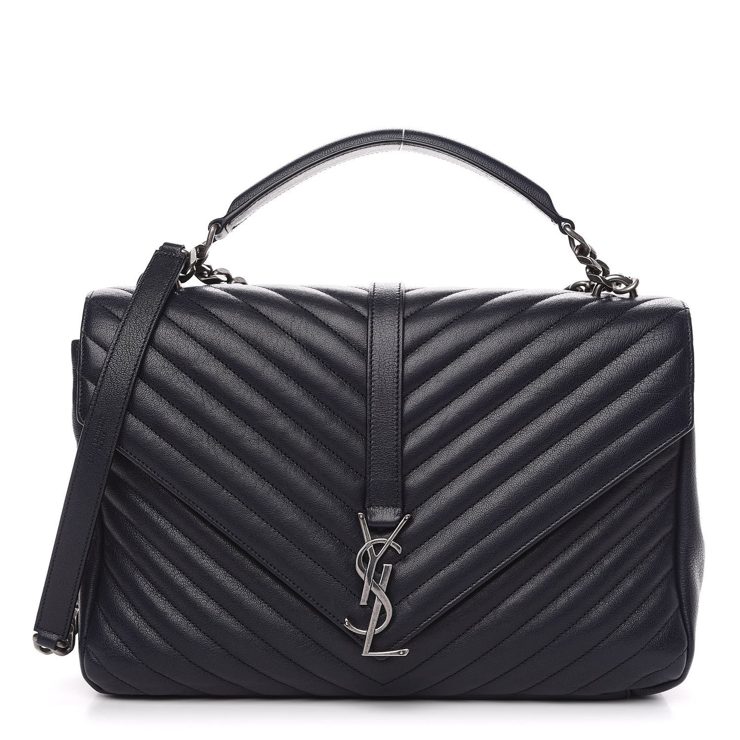 Sheepskin Matelasse Chevron Monogram Large College Satchel Navy Blue