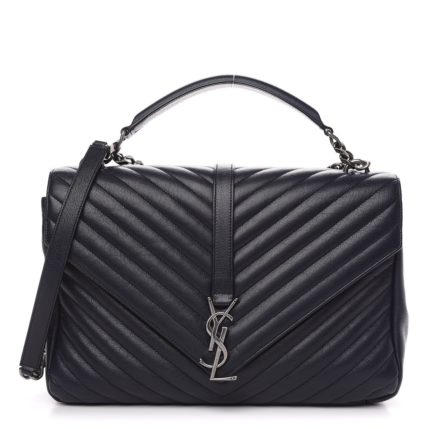 Saint Laurent Sheepskin Matelasse Chevron Monogram Large College Satchel Navy Blue 1 of 9