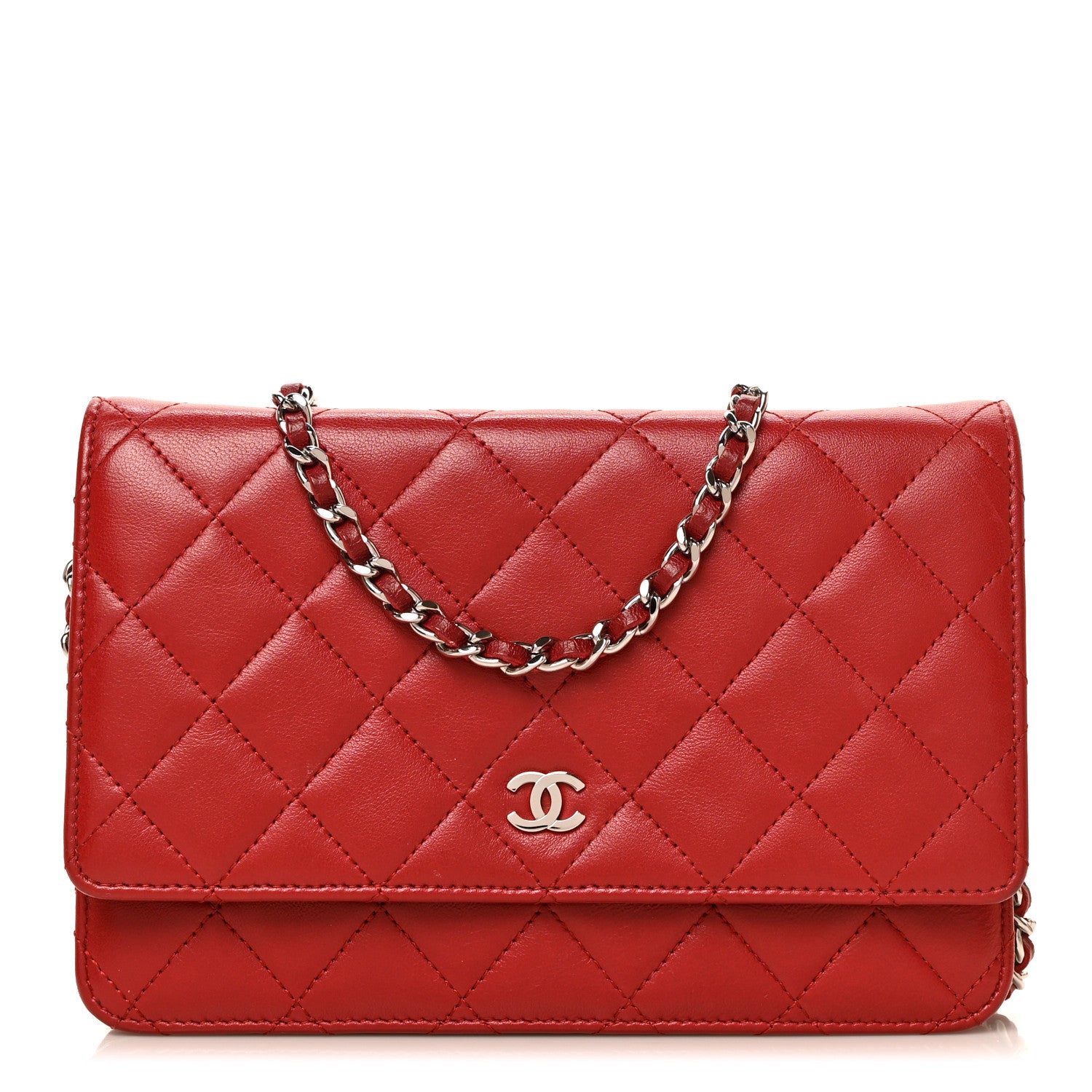 Chanel Lambskin Quilted Wallet On Chain WOC Red 1 of 9