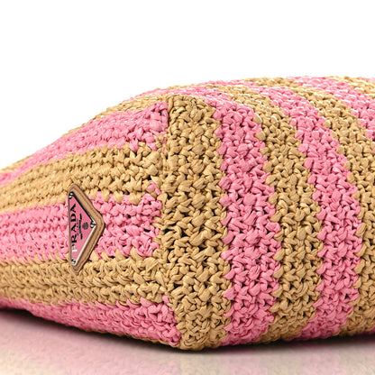Prada Yarn Raffia Effect Crochet Striped Large Logo Tote Naturale Petalo 7 of 8