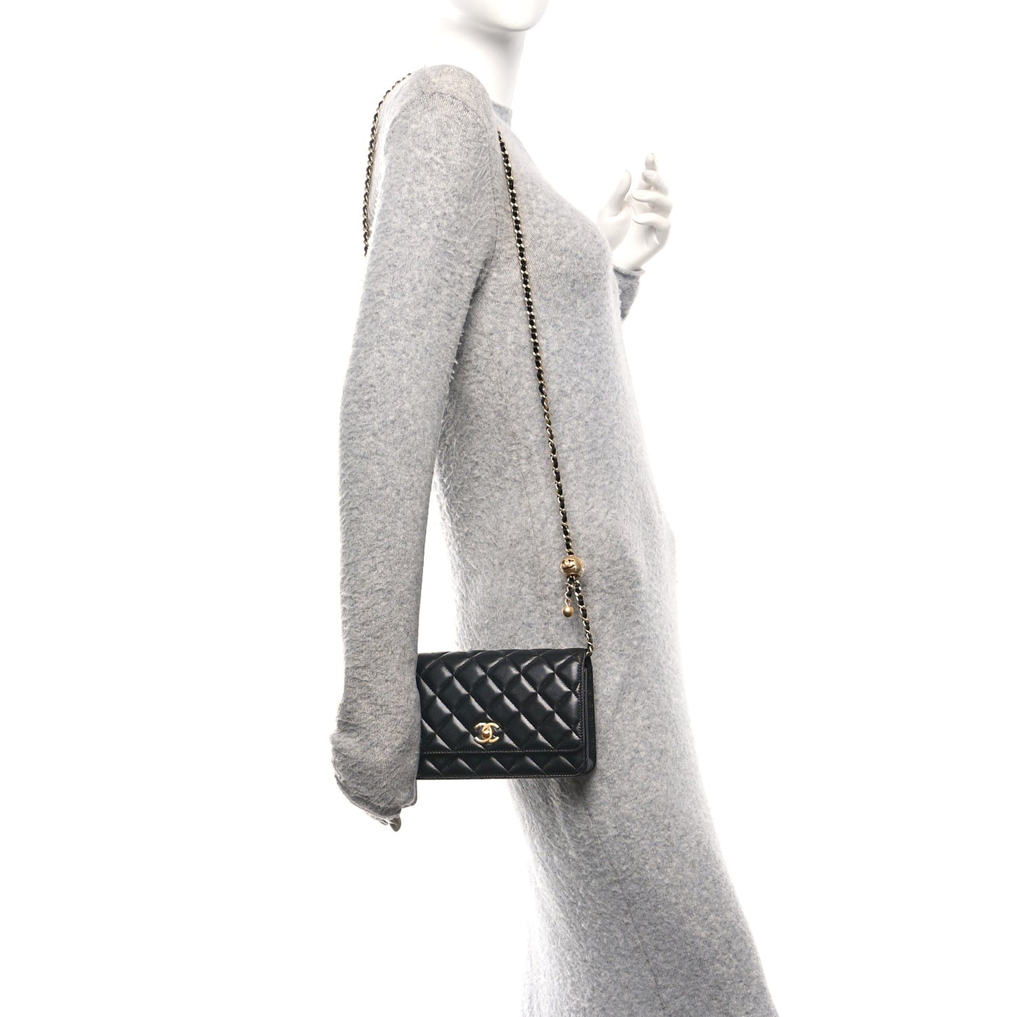 Lambskin Quilted CC Pearl Crush Wallet on Chain WOC Black